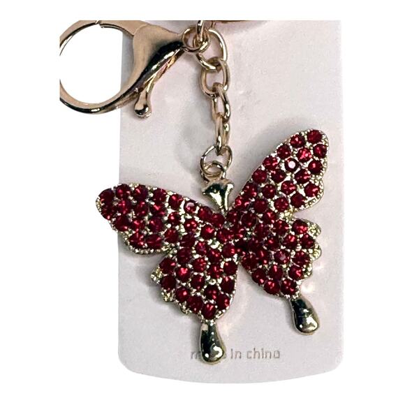 Mint Rhinestone Butterfly Bag Charm Red Crystal Key Chain Ring Backpack Purse 4" - Picture 2 of 5